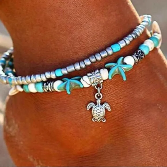 Boho Sea Turtle Starfish Nautical Layered Anklet - Picture 1 of 4